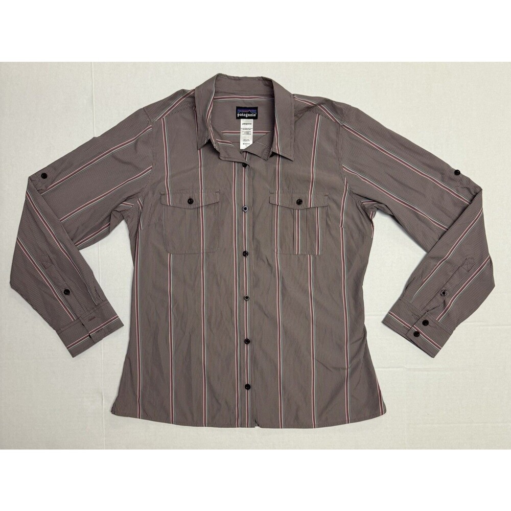 Patagonia Women's 12 Long Sleeve Striped Grey Purple Button Down Top Shirt